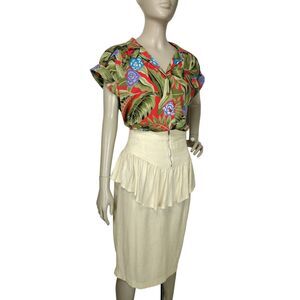 Vintage 80s Beige Linen Blend High-Waist Tiered Peplum Pencil Skirt
